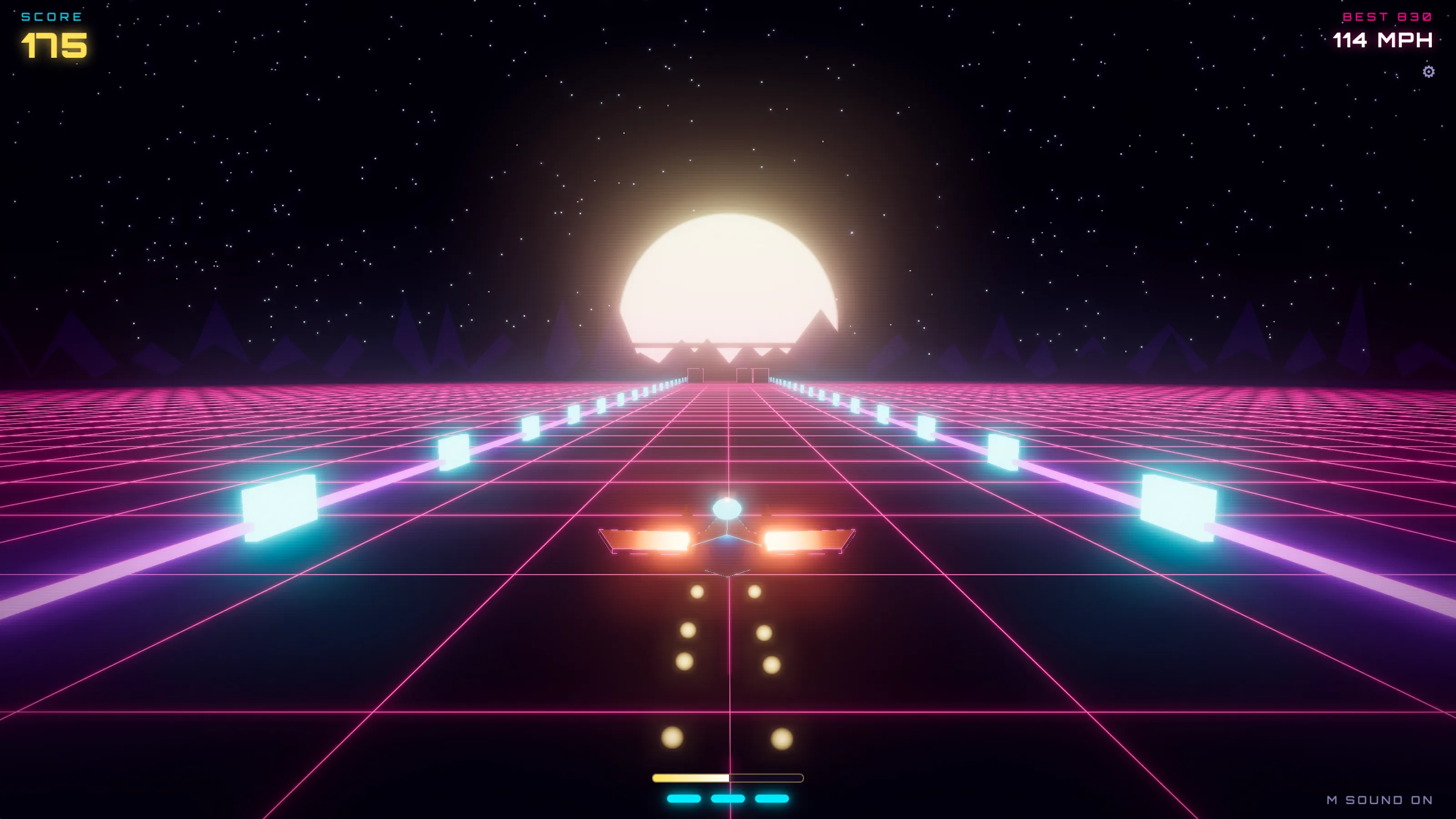 HyperDrift, a neon synthwave racer, mid-run on an infinite pink grid heading toward a striped sun.