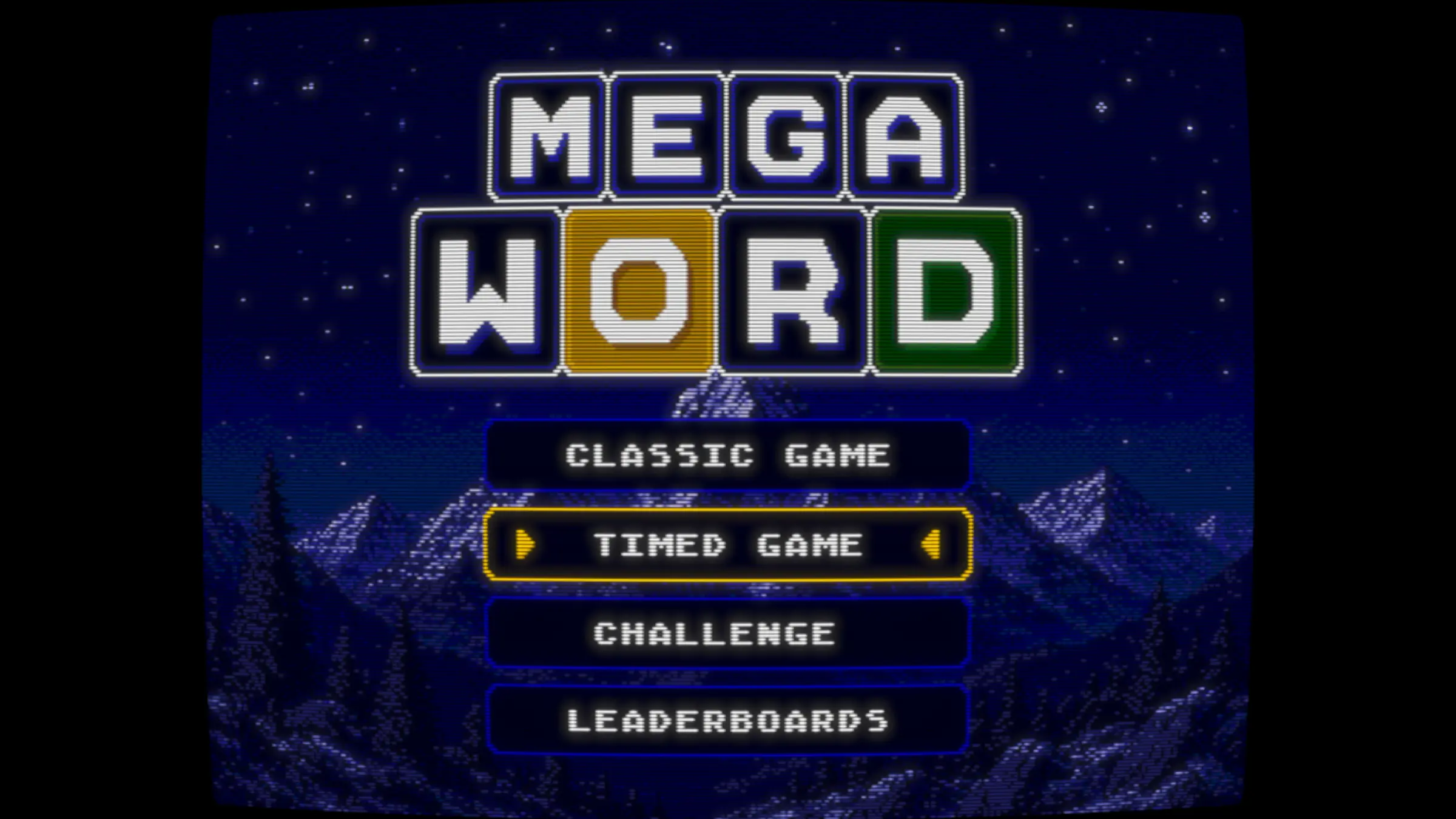 MegaWord title screen showing the Classic Game, Timed Game, Challenge and Leaderboards menu.