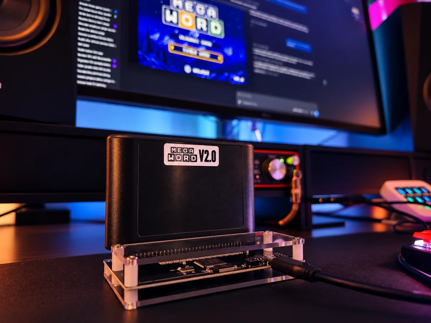 A black Mega Drive cartridge labelled MegaWord V2.0 sitting in an open flash kit on a desk, USB cable attached, with the game's title screen glowing on the monitor behind it.