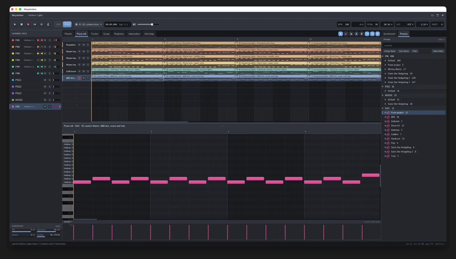 Harbour Light open in Megalodaw: a channel rack listing six FM channels, three PSG channels, a noise channel and a DAC down the left, arranged patterns across the timeline, and a piano roll of the kick pattern below.
