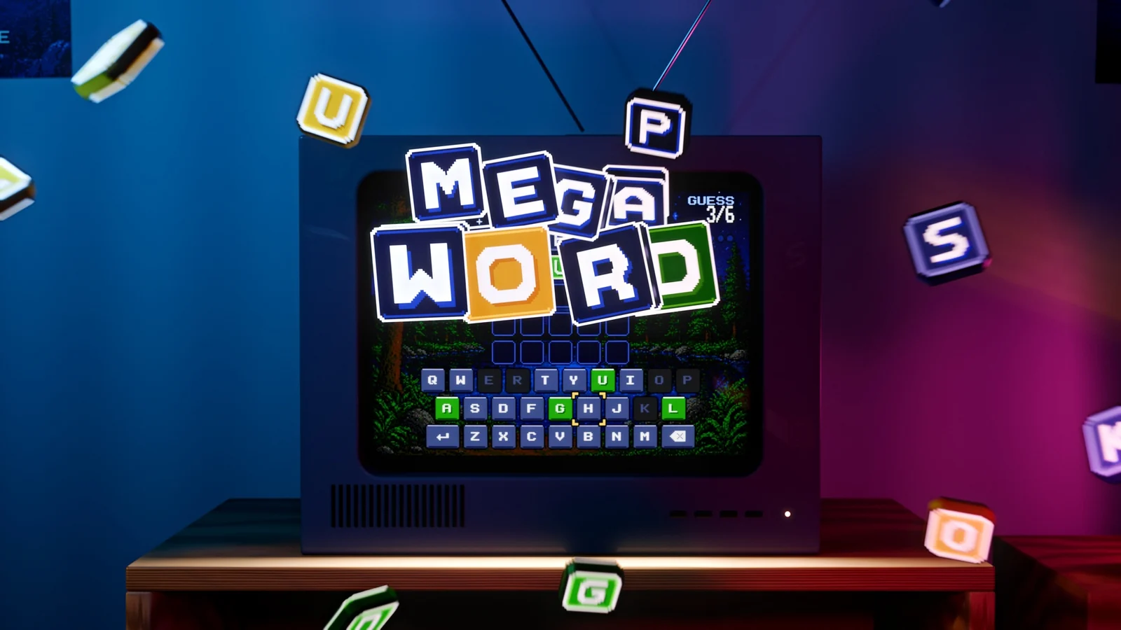 MegaWord 2.0 key art: the tiled MEGAWORD logo bursting off a CRT screen showing a forest background and the on-screen keyboard, with letter tiles flying out towards the viewer.