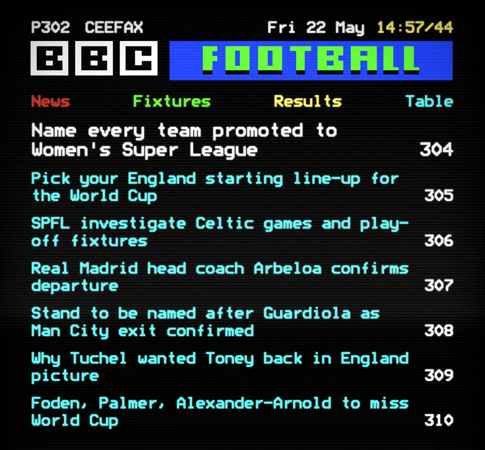 Ceefax news headlines page in classic teletext block colour layout