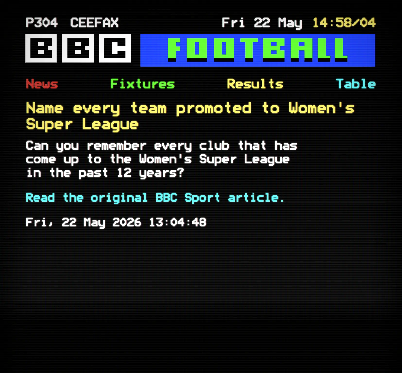 Ceefax sport news page with BBC Sport headlines in teletext style