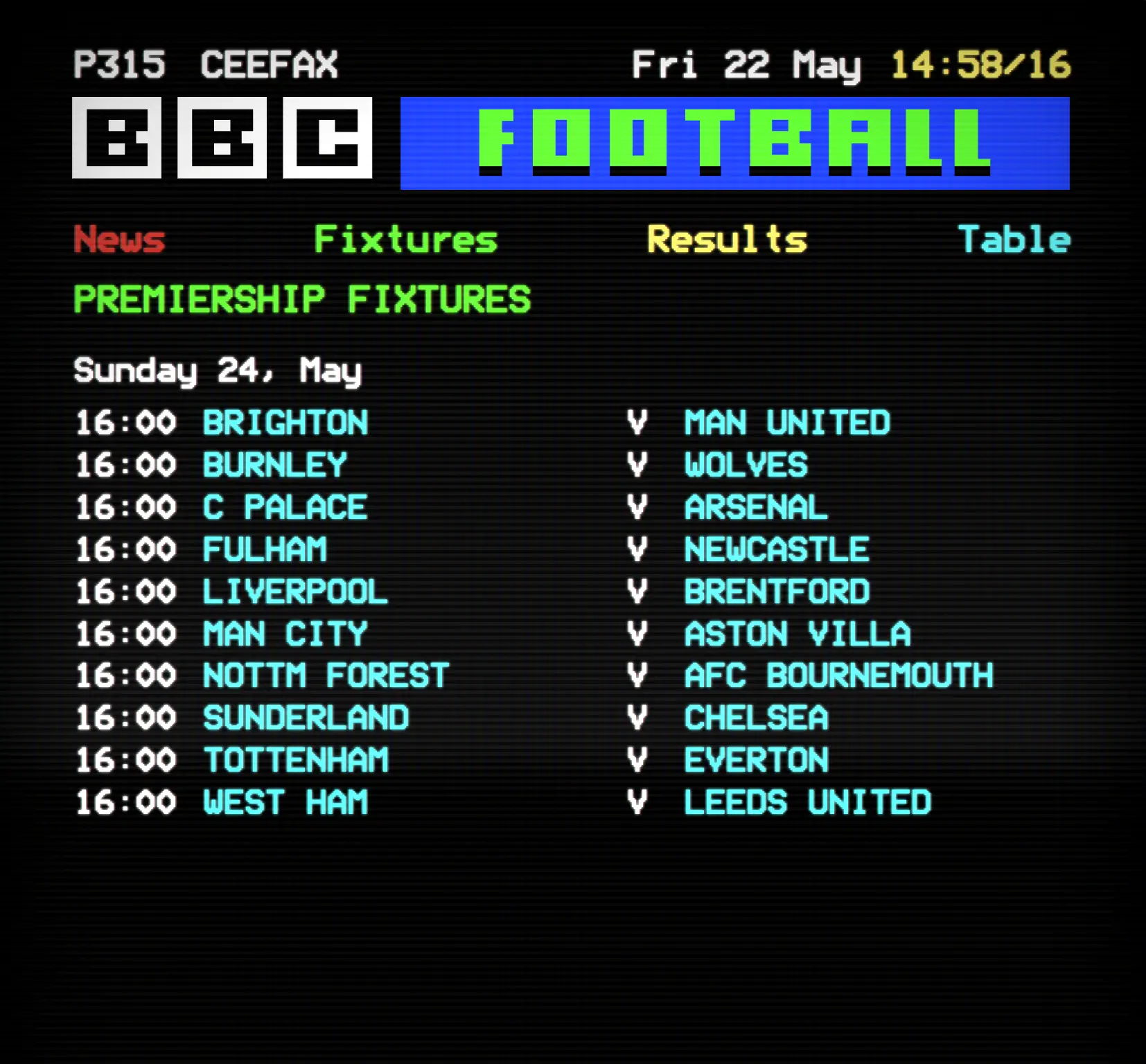 Ceefax football fixtures page showing upcoming Premier League matches