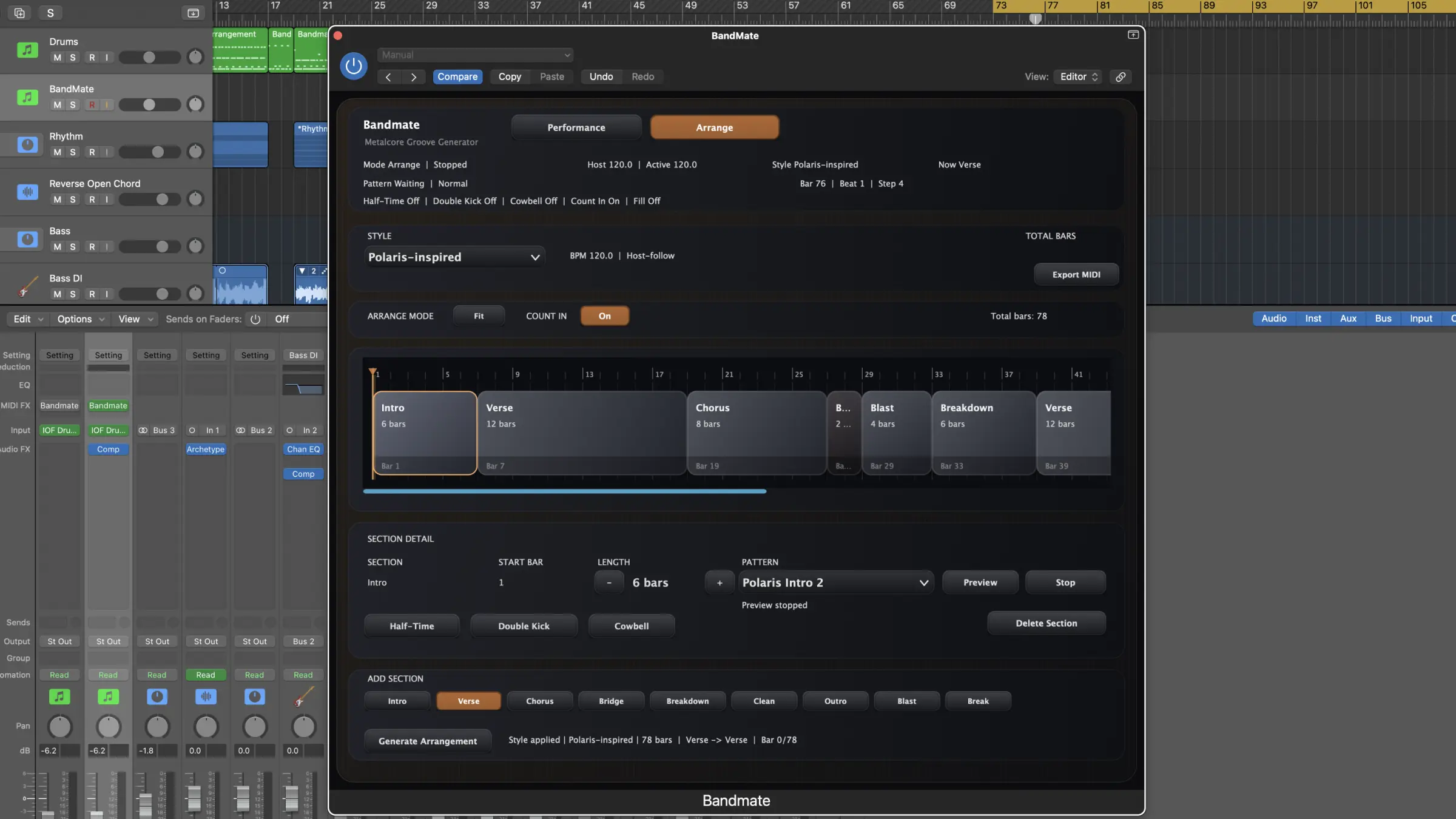 Band Mate plugin running inside Logic Pro. The Arrange view showing a 78-bar Polaris-inspired song structure with Intro, Verse, Chorus, Blast and Breakdown sections.