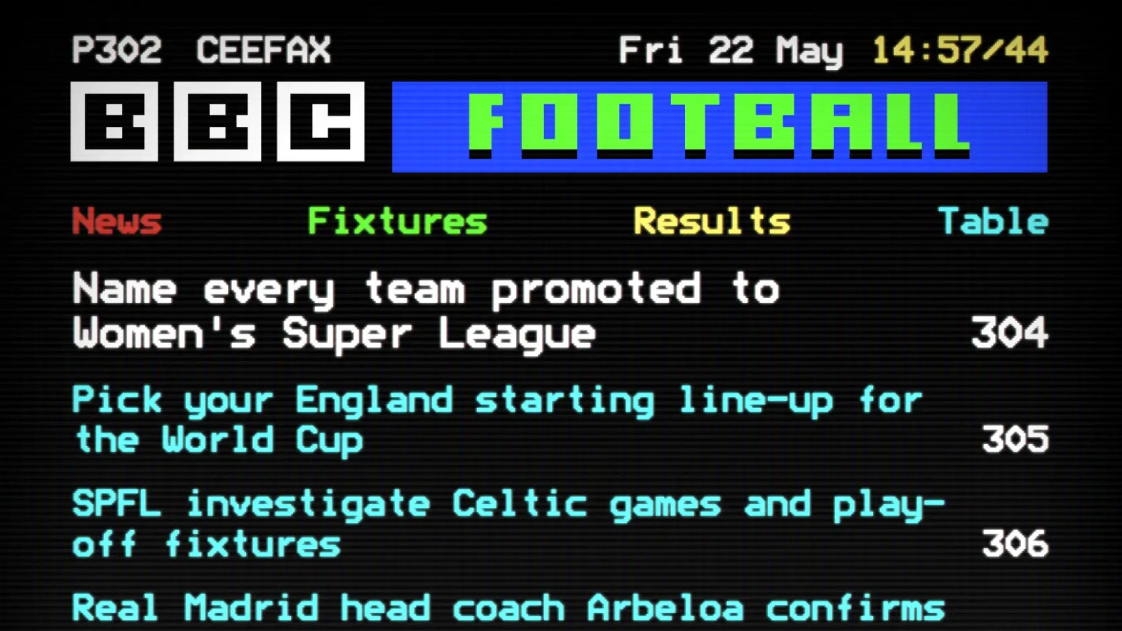 Ceefax football section — Premier League standings page in classic teletext block colours and Mode 7 typography.