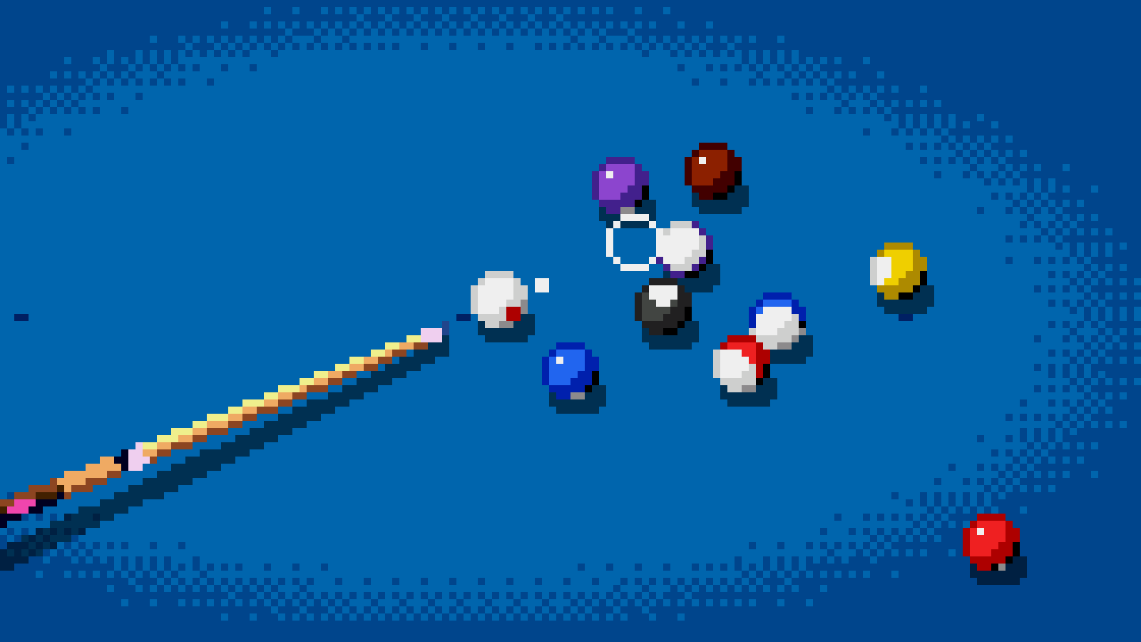 A close-up of the aim: the cue behind the cue ball and a ghost-ball outline touching the cluster on blue cloth, every pixel crisp.