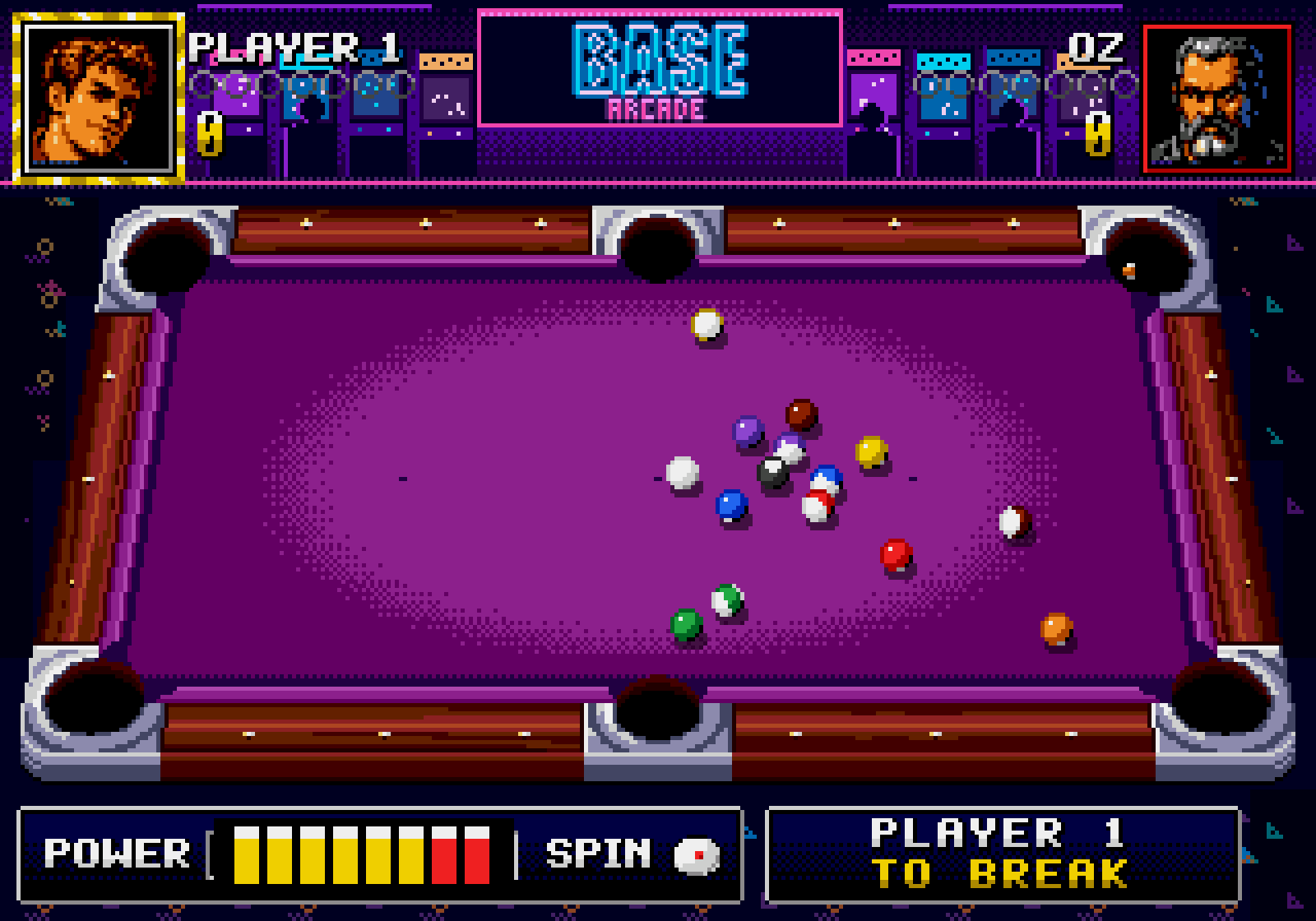 Base: balls scattering across purple cloth just after the break, under a blue BASE ARCADE sign and a row of arcade cabinets.