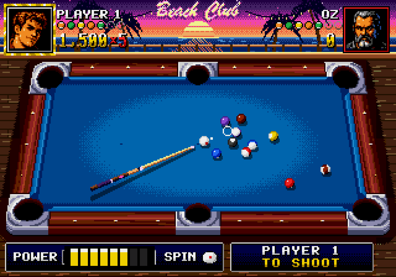 Beach Club: Player 1 aiming into a cluster on blue cloth, beneath a sunset sky with palm trees.