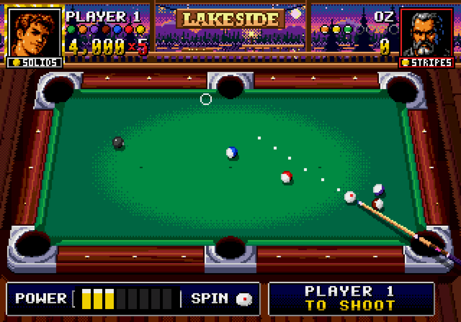 Lakeside: a dotted aim line running up the green cloth to a ghost ball by the top pocket, under a wooden LAKESIDE sign and a pine forest at dusk.