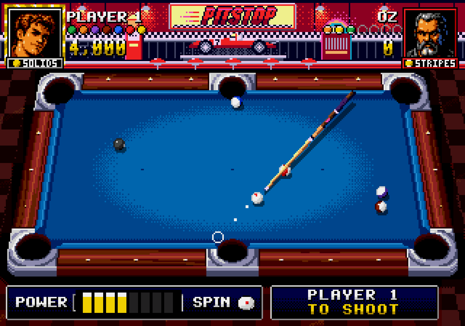 Pitstop: Player 1 lining up a bank shot on the 8 on blue cloth, under a racing-themed sign with a chequered floor.