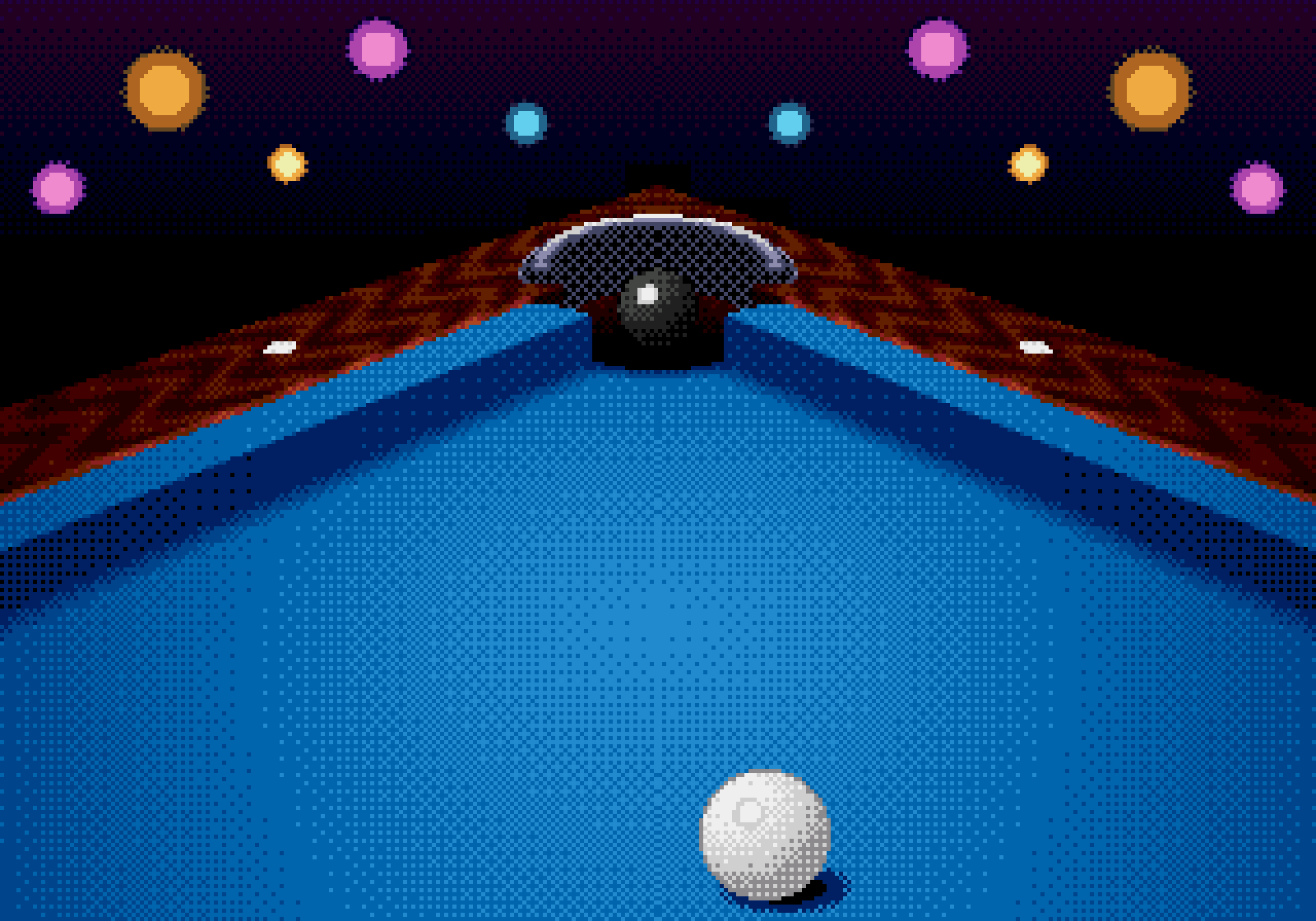 The final-black pocket camera: a low view along the cloth with the 8 ball on the lip of the pocket, coloured lights above and the cue ball in the foreground.