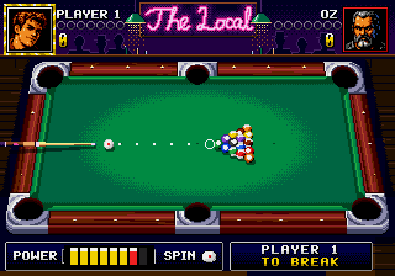 The Local: a full rack on green cloth, the cue lined up behind the cue ball and a dotted aim line running to the rack, under a pink neon sign.