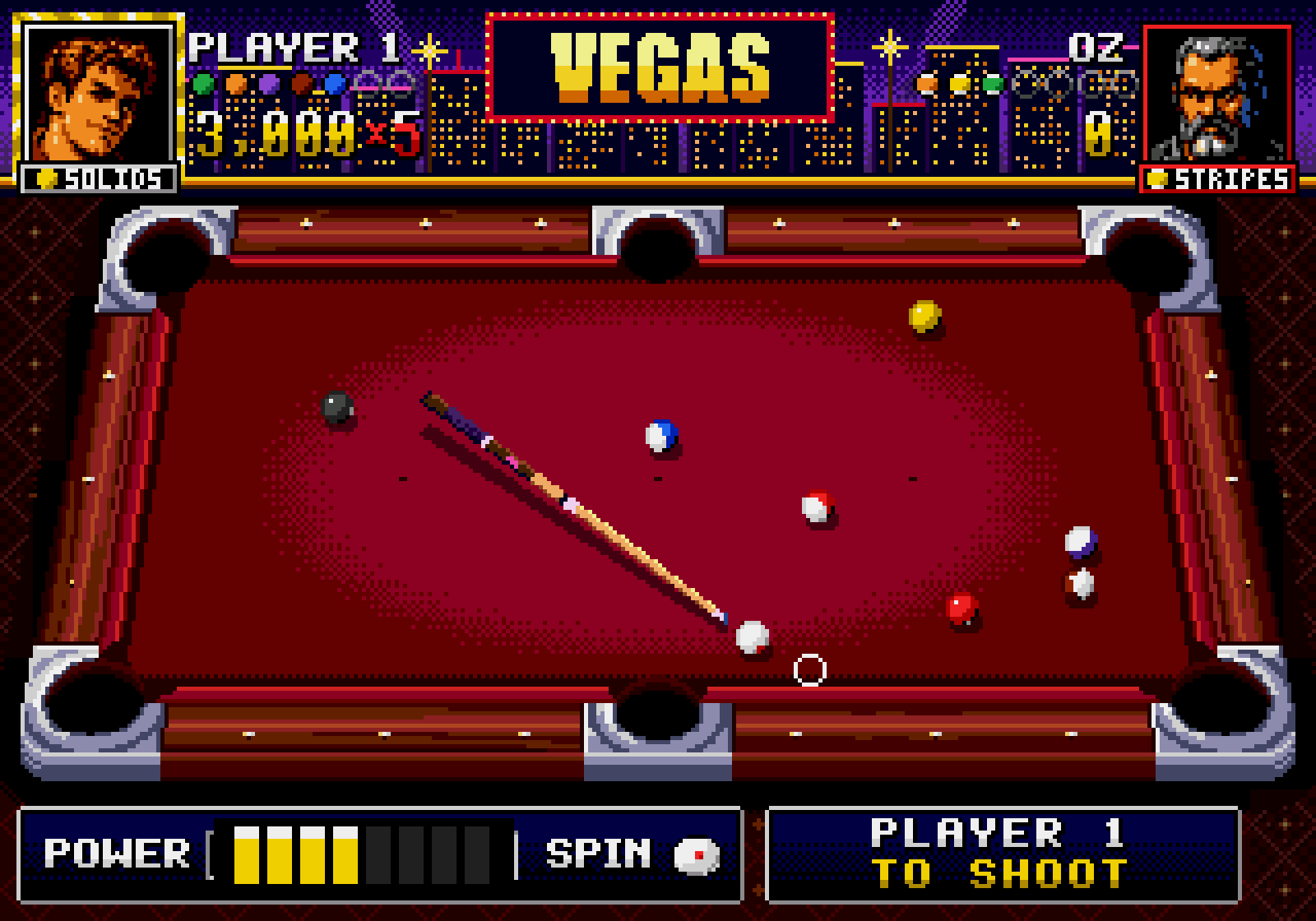 Vegas: the cue lined up on red cloth towards the bottom right pocket, under a gold VEGAS sign and a casino skyline.