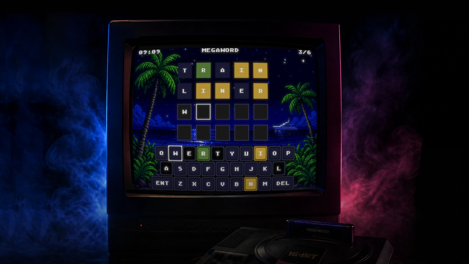 MegaWord running on a CRT — the word SLICK guessed correctly in green tiles, against a tropical pixel-art beach background with palm trees and a starry sky.