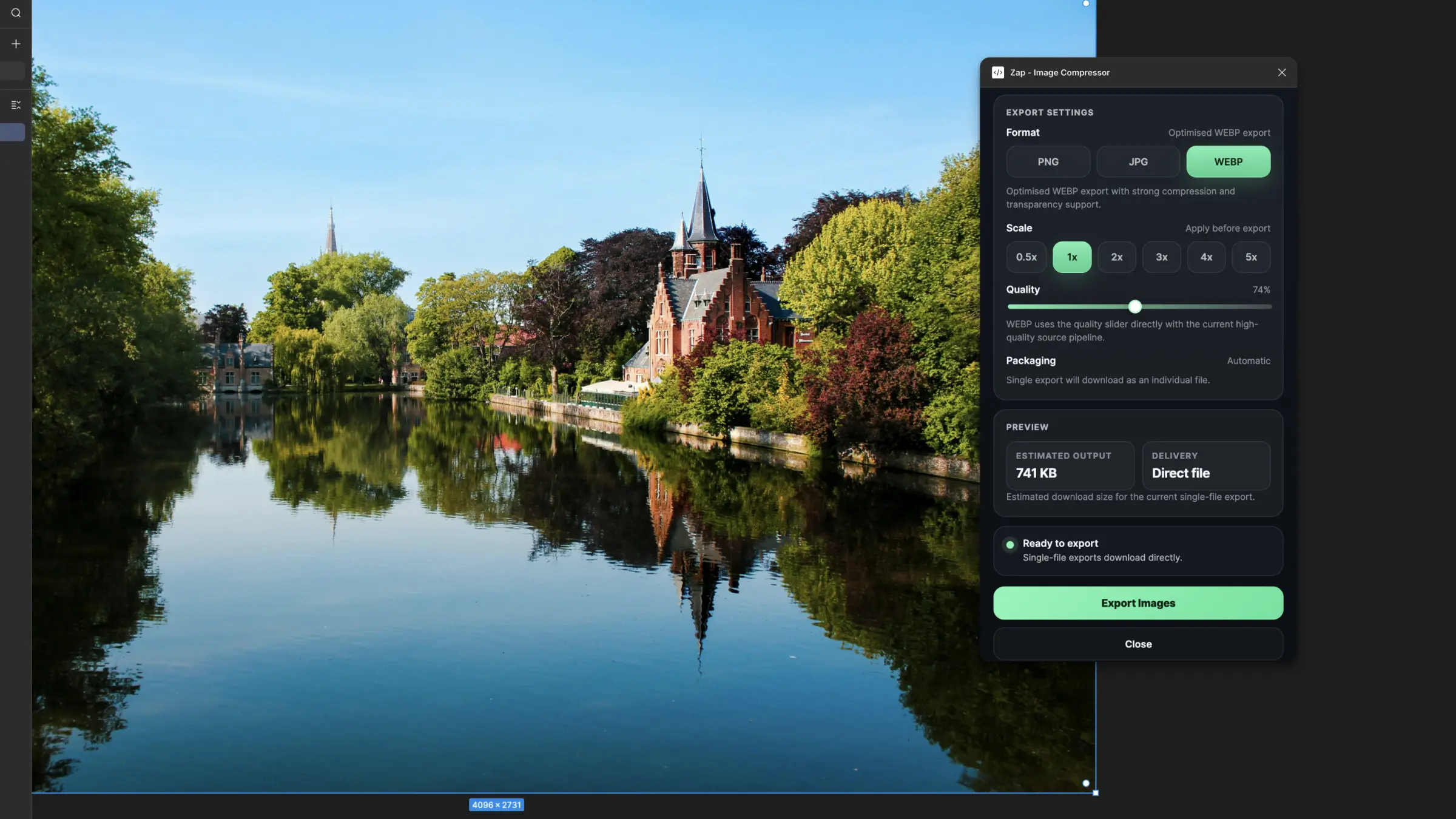 ZAP running inside Figma, showing export settings for PNG, JPG and WEBP with scale, quality, packaging and file-size preview controls.