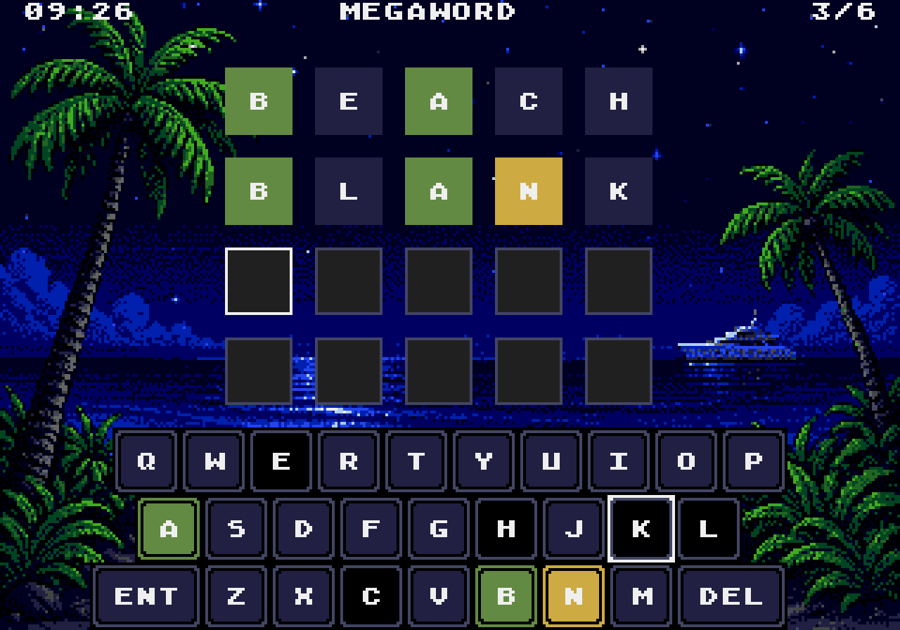 The finished scene in game: vivid greens, layered blues and the grid and keyboard reading clearly over it